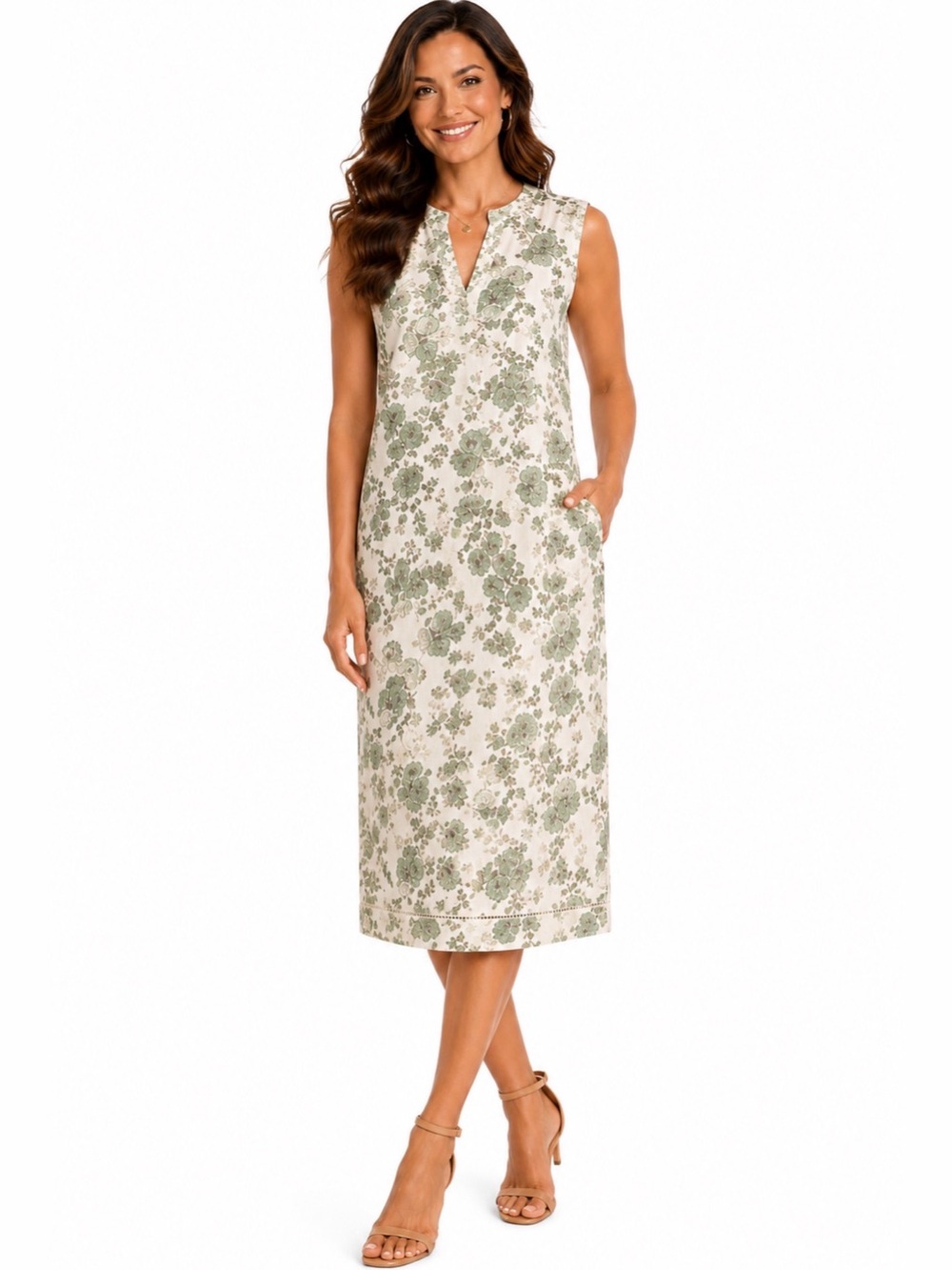 Norm Thompson Women’s Linen Blend Dress Size Large Green V-neck Pockets Zipper